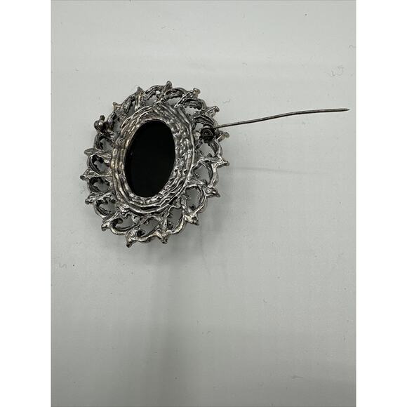 Vintage Stone & Faux Pearl Silver Brooch,  Black, J-01-19 - Picture 9 of 11